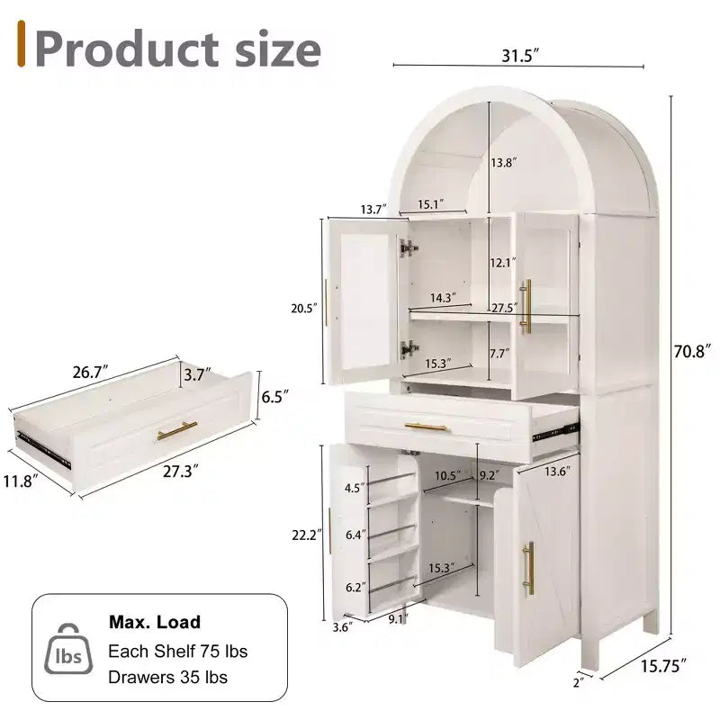 Okak Tall Arched Storage Pantry Cabinet with Glass Doors & Adjustable Shelves,Display Sideboard Accent Cabinet for Dining Room,Kitchen