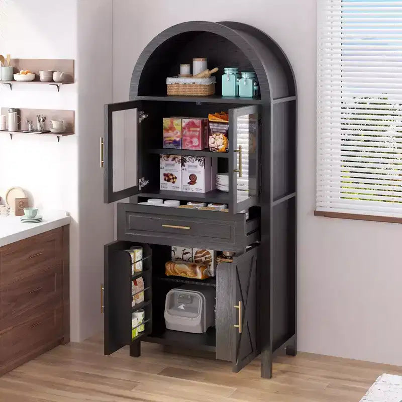 Okak Tall Arched Storage Pantry Cabinet with Glass Doors & Adjustable Shelves,Display Sideboard Accent Cabinet for Dining Room,Kitchen