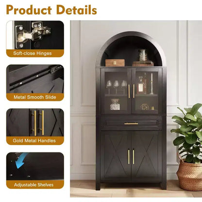 Okak Tall Arched Storage Pantry Cabinet with Glass Doors & Adjustable Shelves,Display Sideboard Accent Cabinet for Dining Room,Kitchen