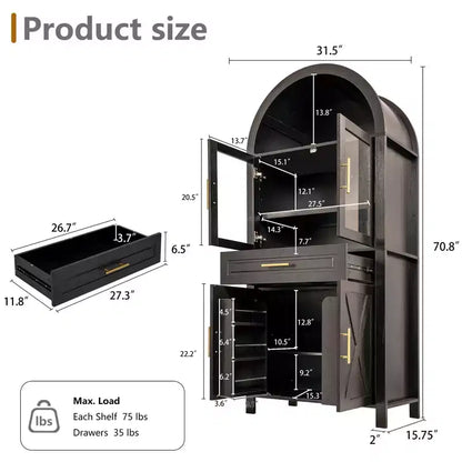 Okak Tall Arched Storage Pantry Cabinet with Glass Doors & Adjustable Shelves,Display Sideboard Accent Cabinet for Dining Room,Kitchen