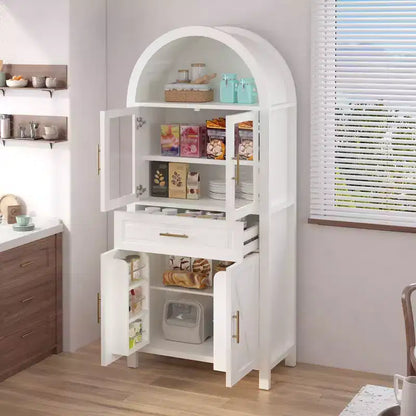 Okak Tall Arched Storage Pantry Cabinet with Glass Doors & Adjustable Shelves,Display Sideboard Accent Cabinet for Dining Room,Kitchen
