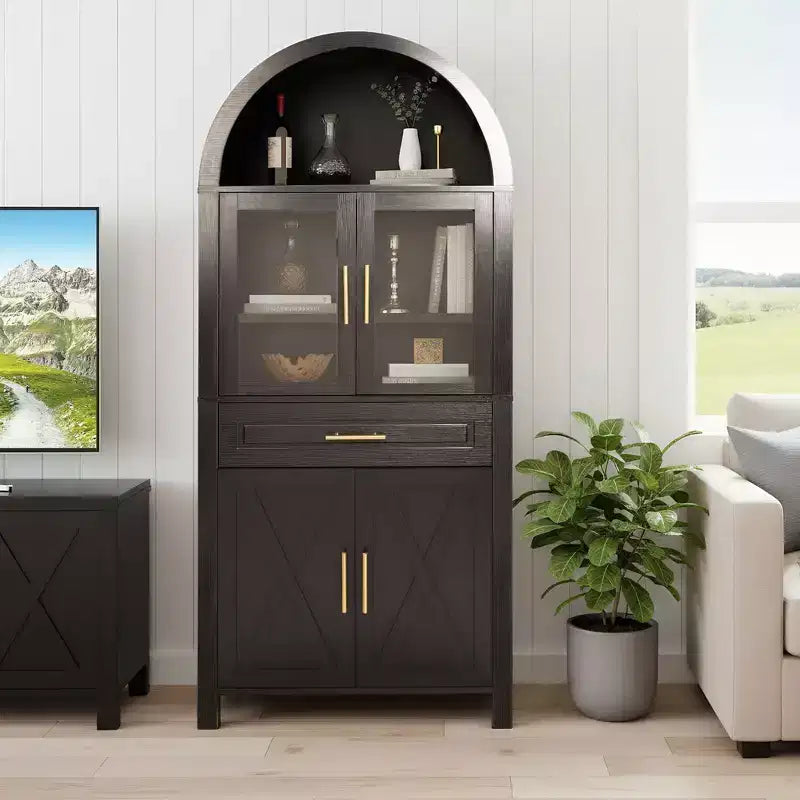 Okak Tall Arched Storage Pantry Cabinet with Glass Doors & Adjustable Shelves,Display Sideboard Accent Cabinet for Dining Room,Kitchen