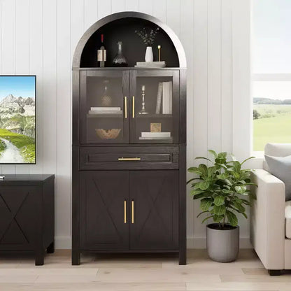 Okak Tall Arched Storage Pantry Cabinet with Glass Doors & Adjustable Shelves,Display Sideboard Accent Cabinet for Dining Room,Kitchen