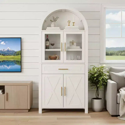 Okak Tall Arched Storage Pantry Cabinet with Glass Doors & Adjustable Shelves,Display Sideboard Accent Cabinet for Dining Room,Kitchen
