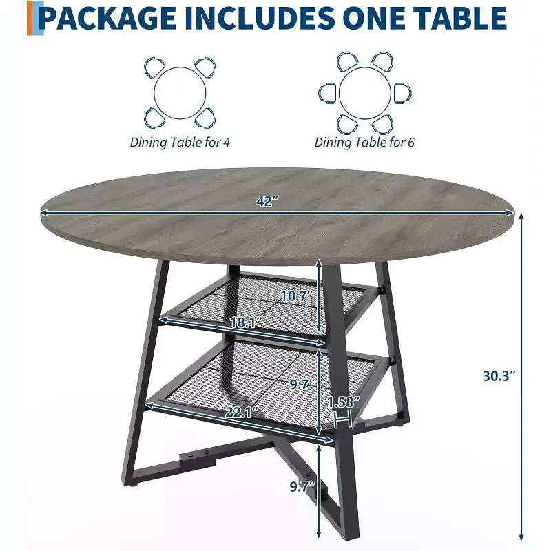 Tavolo da Pranzo Rotondo Acekool da 47 Pollici con Ripiano Portaoggetti, Tavolo da Cucina con Base in Metallo per 4-6 Persone