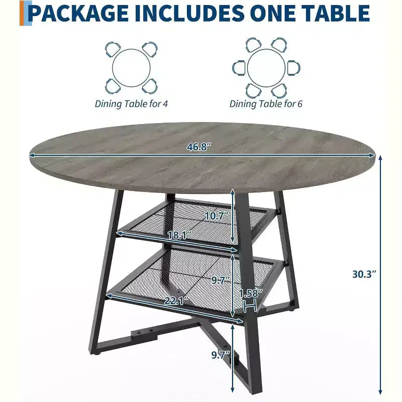 Tavolo da Pranzo Rotondo Acekool da 47 Pollici con Ripiano Portaoggetti, Tavolo da Cucina con Base in Metallo per 4-6 Persone
