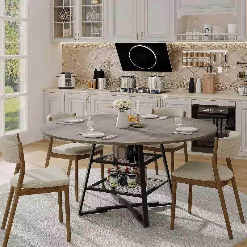 Tavolo da Pranzo Rotondo Acekool da 47 Pollici con Ripiano Portaoggetti, Tavolo da Cucina con Base in Metallo per 4-6 Persone