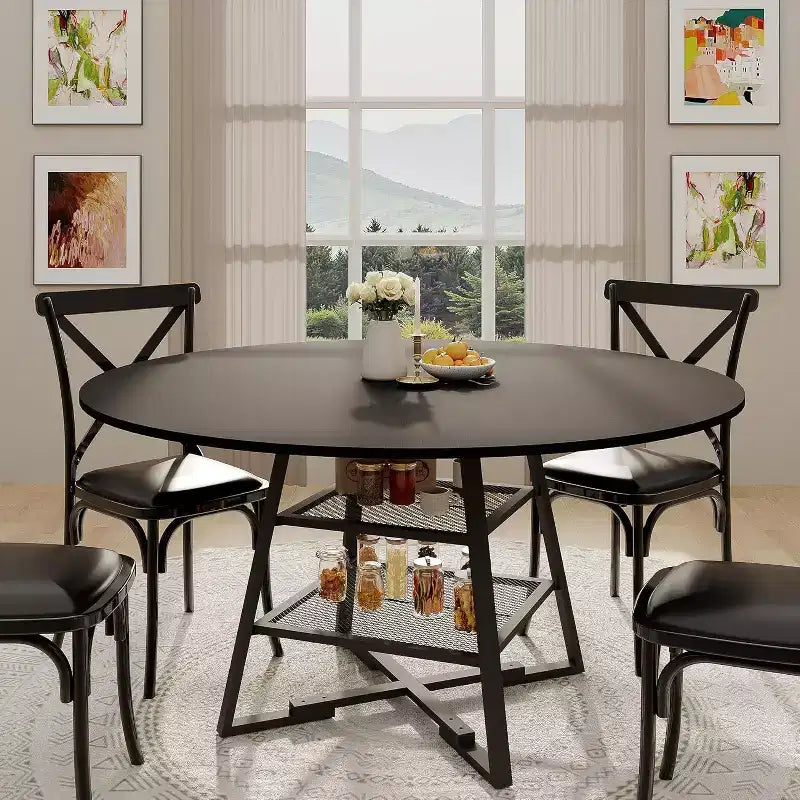 Acekool 47 Inch Round Dining Table with Storage Shelf, Metal Base Kitchen Table for 4-6