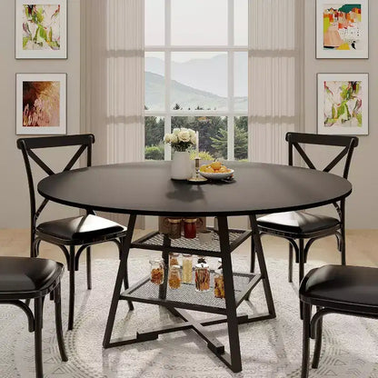 Acekool 47 Inch Round Dining Table with Storage Shelf, Metal Base Kitchen Table for 4-6