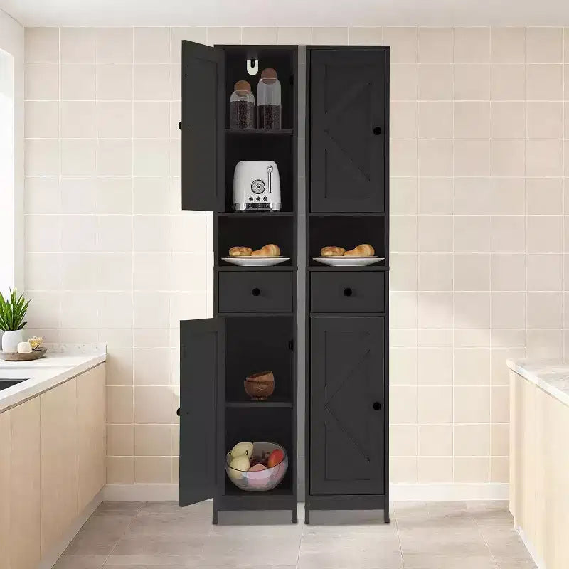 Tall Narrow Bathroom Storage Cabinet with 3 Door Cupboard, Adjustable Shelves, Open Shelf, Metal Handles and Hinges
