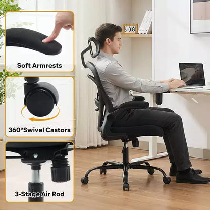 Sedia da ufficio ergonomica, sedia da scrivania per computer con schienale alto, altezza regolabile e braccioli ribaltabili, sedia da gaming in rete confortevole per l'home office