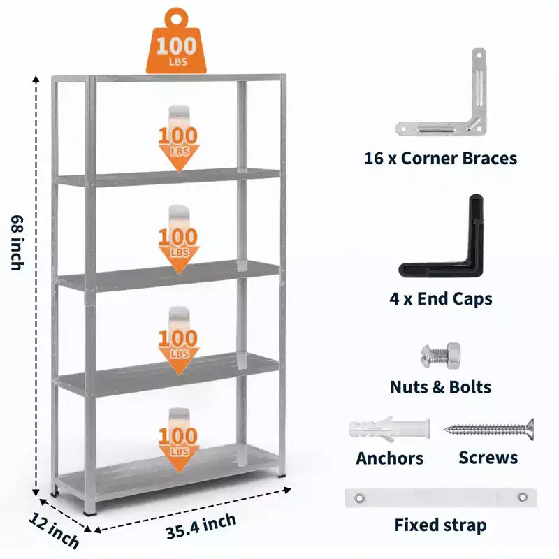 Scaffalatura in Acciaio a 5 Ripiani Resistente, Unità di Scaffalatura per Garage con Capacità di 227 kg e Altezza Regolabile, Scaffali in Metallo, Scaffali Industriali, Argento