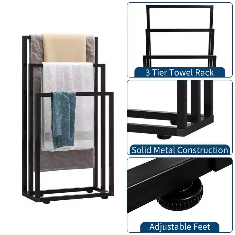 38 H Free Standing Towel Rack, 3 Tier Towel Drying Rack, Steel Blanket Drying and Display Rack for Bathroom Bedroom Hot Tub Gym Pool