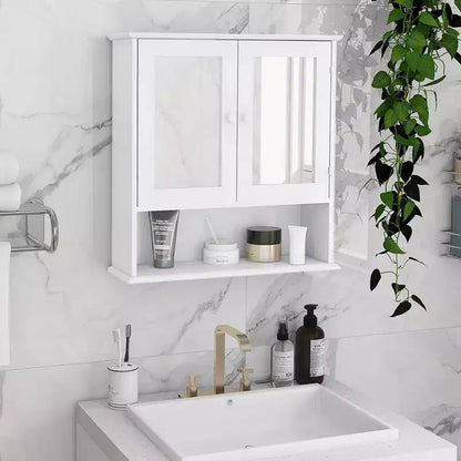 Wall-mounted medicine cabinet with double mirror doors, adjustable shelves, and open shelfwhite wood, 17.69, perfect for bathroom or kitchen.