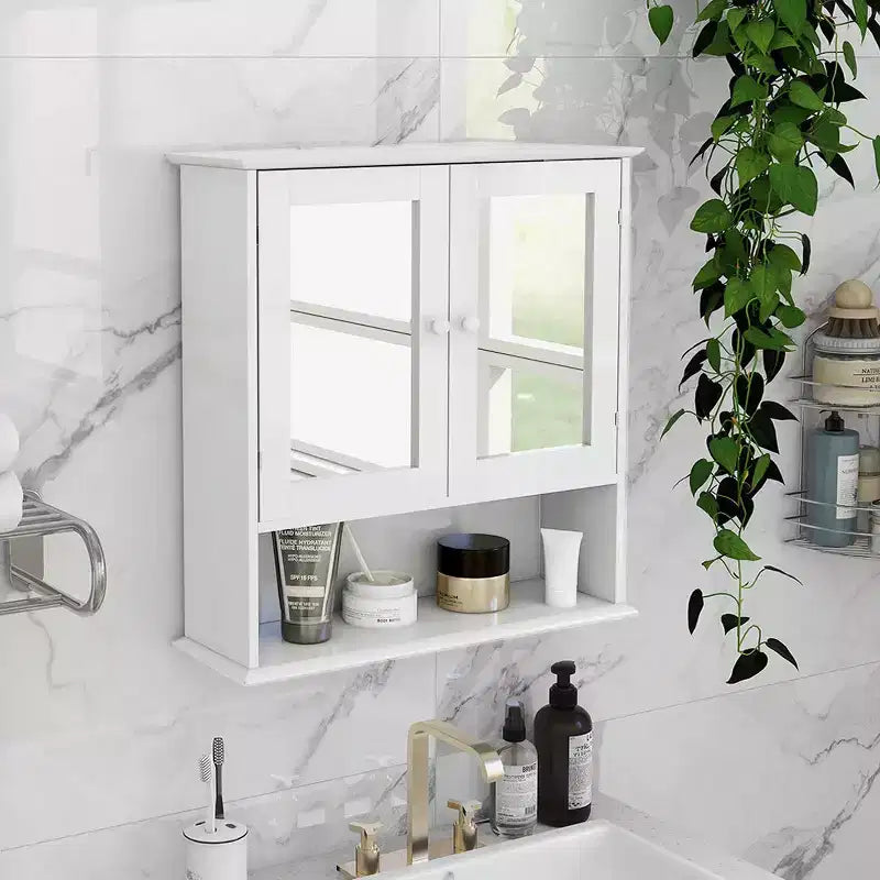 Wall-mounted medicine cabinet with double mirror doors, adjustable shelves, and open shelfwhite wood, 17.69, perfect for bathroom or kitchen.