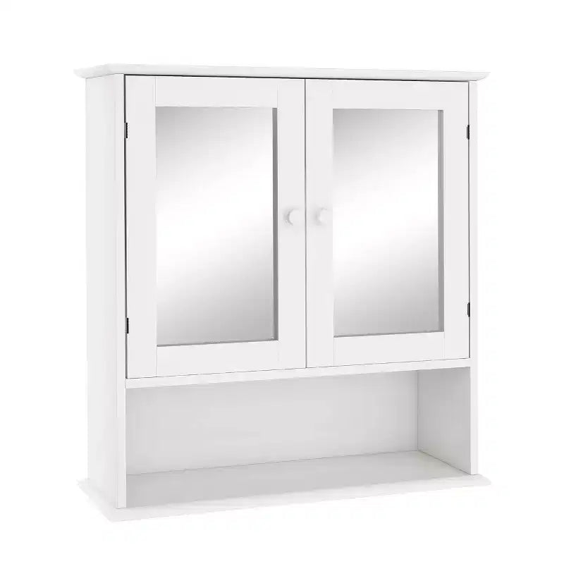 Wall-mounted medicine cabinet with double mirror doors, adjustable shelves, and open shelfwhite wood, 17.69, perfect for bathroom or kitchen.