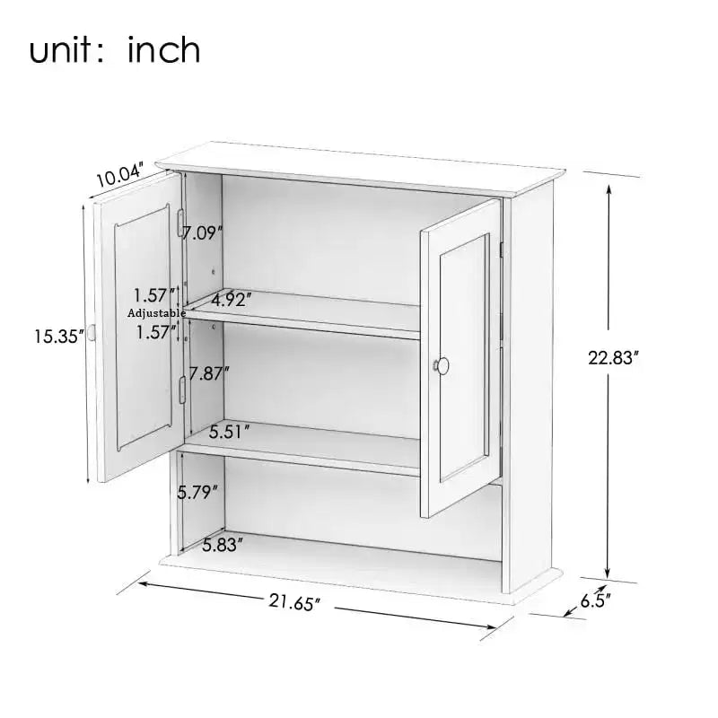 Wall-mounted medicine cabinet with double mirror doors, adjustable shelves, and open shelfwhite wood, 17.69, perfect for bathroom or kitchen.