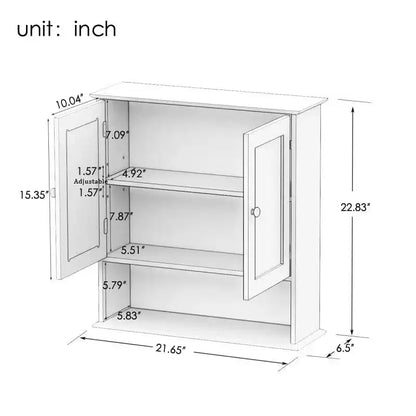 Wall-mounted medicine cabinet with double mirror doors, adjustable shelves, and open shelfwhite wood, 17.69, perfect for bathroom or kitchen.