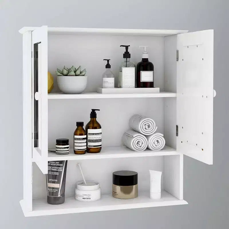 Wall-mounted medicine cabinet with double mirror doors, adjustable shelves, and open shelfwhite wood, 17.69, perfect for bathroom or kitchen.