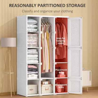 Portable Wardrobe Closet, Folding Clothes Storage Organizer with 8 Cube Compartments, 2 Hanging Rods, 11 Magnet Doors