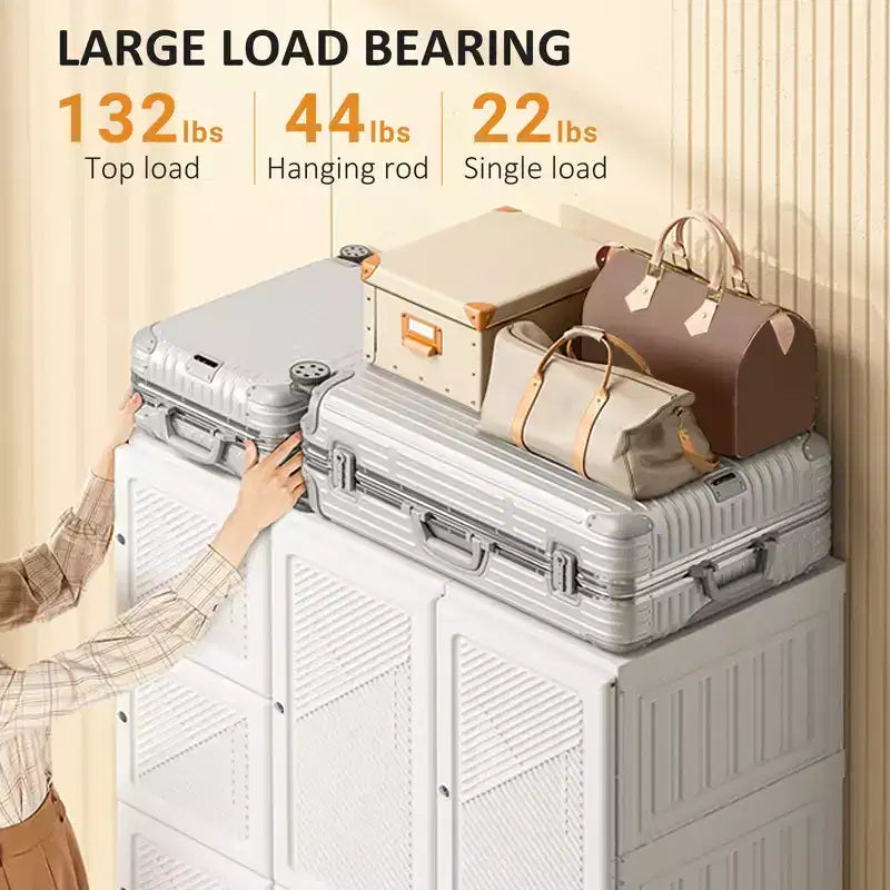 Portable Wardrobe Closet, Folding Clothes Storage Organizer with 8 Cube Compartments, 2 Hanging Rods, 11 Magnet Doors