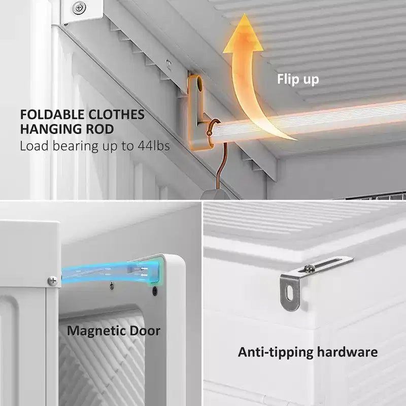Portable Wardrobe Closet, Folding Clothes Storage Organizer with 8 Cube Compartments, 2 Hanging Rods, 11 Magnet Doors
