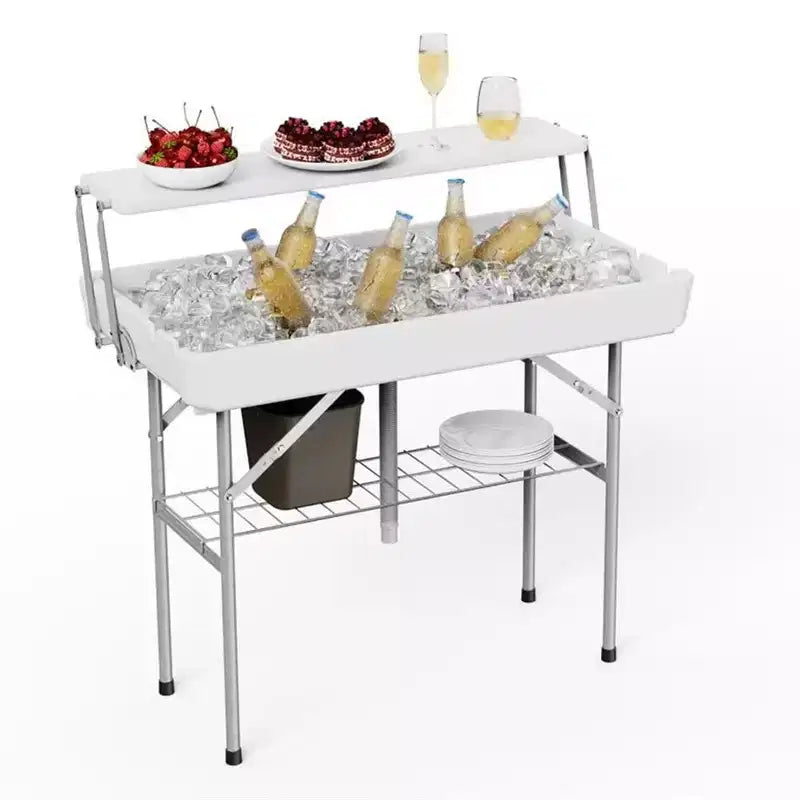 Tavolo pieghevole refrigeratore da esterno con ripiano extra, tavoli ghiacciaia per feste con scarico e gonna coordinata, tavolino rinfrescante per campeggio, picnic