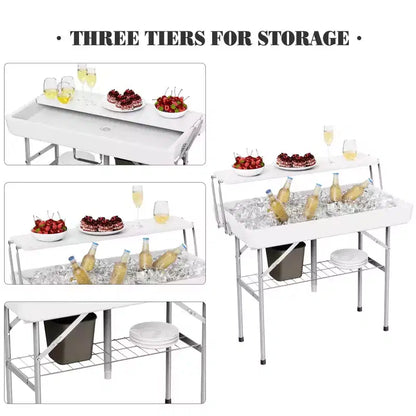 Tavolo pieghevole refrigeratore da esterno con ripiano extra, tavoli ghiacciaia per feste con scarico e gonna coordinata, tavolino rinfrescante per campeggio, picnic