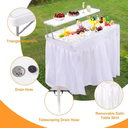 Tavolo pieghevole refrigeratore da esterno con ripiano extra, tavoli ghiacciaia per feste con scarico e gonna coordinata, tavolino rinfrescante per campeggio, picnic