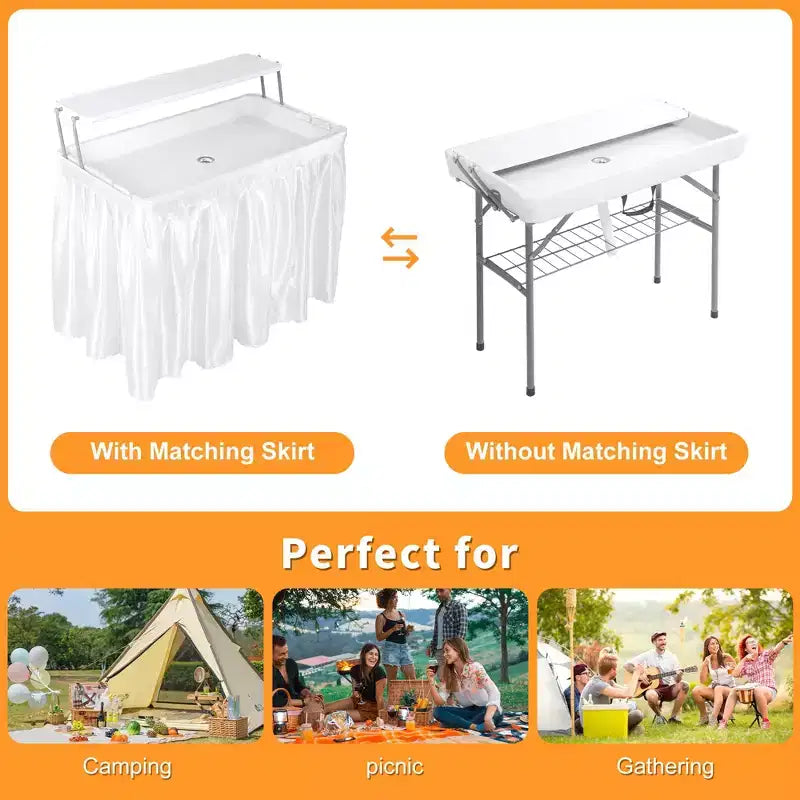 Tavolo pieghevole refrigeratore da esterno con ripiano extra, tavoli ghiacciaia per feste con scarico e gonna coordinata, tavolino rinfrescante per campeggio, picnic