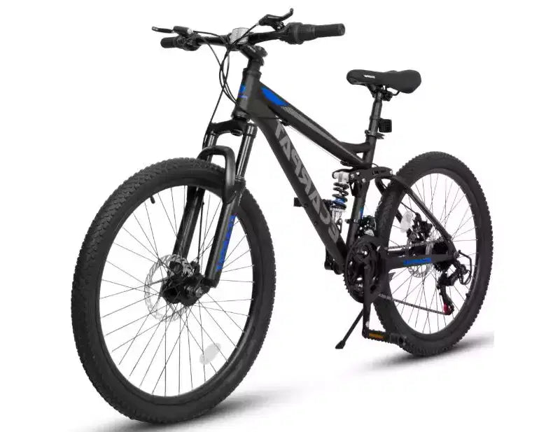 24 Mountain Bike, 21-Speed Full Suspension Bicycle with Front Fork & Shock Absorber, Steel Frame Ergonomic City Bike for Men & Women