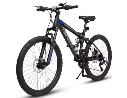 24 Mountain Bike, 21-Speed Full Suspension Bicycle with Front Fork & Shock Absorber, Steel Frame Ergonomic City Bike for Men & Women