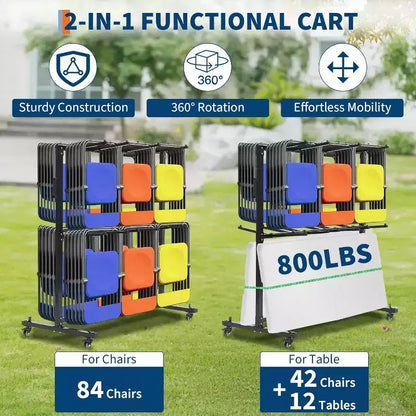 Heavy-Duty Folding Chair and Table Cart,Holds 42 Chairs or 12 Tables, 400 lbs Capacity Multi-Function Flatbed Dolly with Swivel Wheels, Elastic Cords