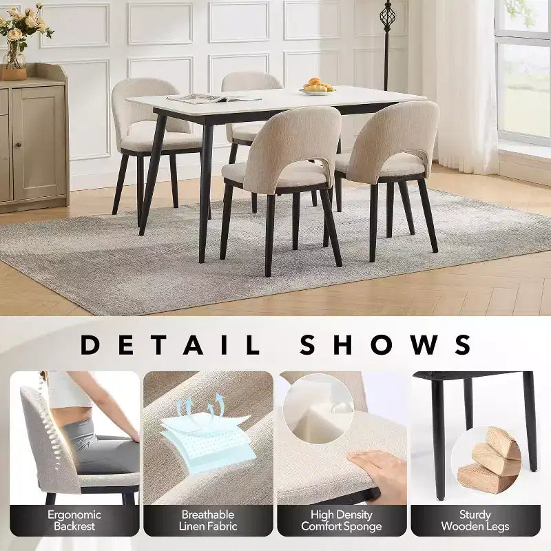Wooden Dining Chairs, Upholstered Kitchen Dining Room Chair, Modern Linen Fabric Dinner Chair Support for Living Room, Beige