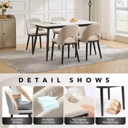 Wooden Dining Chairs, Upholstered Kitchen Dining Room Chair, Modern Linen Fabric Dinner Chair Support for Living Room, Beige