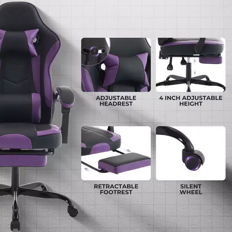 MAYEERTY Gaming Chair, Ergonomic Computer Chair with Footrest and Massage Lumbar Support, Height Adjustable Swivel Video Game Chair Purple Black