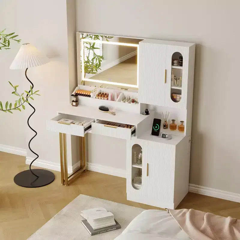 Vanity Desk, Fluted Vanity Table with Drawers and Cabinets, Modern Makeup Desk with Charging Station, 3 Color Lighting Modes for Bedroom