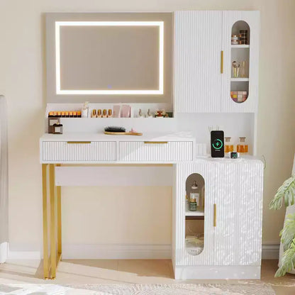 Vanity Desk, Fluted Vanity Table with Drawers and Cabinets, Modern Makeup Desk with Charging Station, 3 Color Lighting Modes for Bedroom