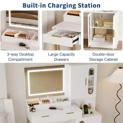 Vanity Desk, Fluted Vanity Table with Drawers and Cabinets, Modern Makeup Desk with Charging Station, 3 Color Lighting Modes for Bedroom