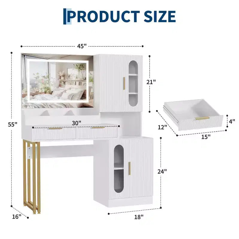 Vanity Desk, Fluted Vanity Table with Drawers and Cabinets, Modern Makeup Desk with Charging Station, 3 Color Lighting Modes for Bedroom