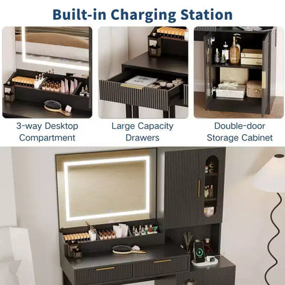 Vanity Desk, Fluted Vanity Table with Drawers and Cabinets, Modern Makeup Desk with Charging Station, 3 Color Lighting Modes for Bedroom
