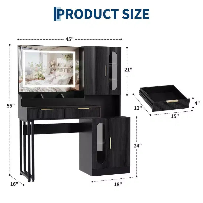 Vanity Desk, Fluted Vanity Table with Drawers and Cabinets, Modern Makeup Desk with Charging Station, 3 Color Lighting Modes for Bedroom