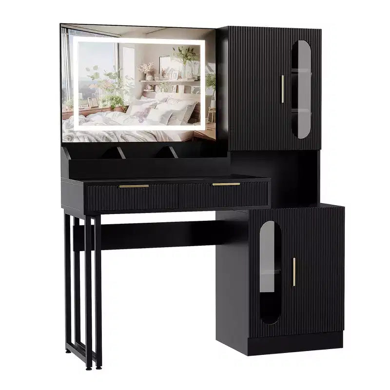 Vanity Desk, Fluted Vanity Table with Drawers and Cabinets, Modern Makeup Desk with Charging Station, 3 Color Lighting Modes for Bedroom