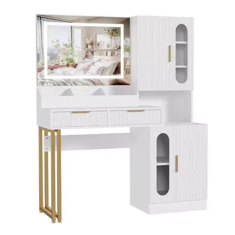 Vanity Desk, Fluted Vanity Table with Drawers and Cabinets, Modern Makeup Desk with Charging Station, 3 Color Lighting Modes for Bedroom