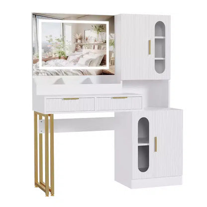 Vanity Desk, Fluted Vanity Table with Drawers and Cabinets, Modern Makeup Desk with Charging Station, 3 Color Lighting Modes for Bedroom