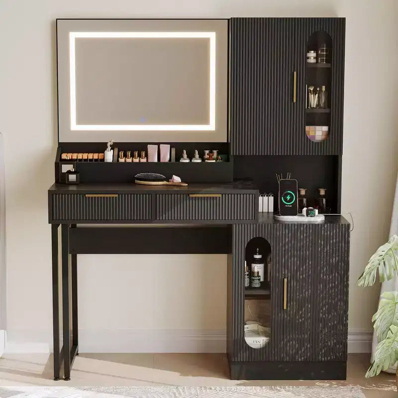 Vanity Desk, Fluted Vanity Table with Drawers and Cabinets, Modern Makeup Desk with Charging Station, 3 Color Lighting Modes for Bedroom