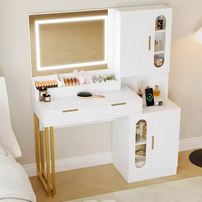 Vanity Desk, Fluted Vanity Table with Drawers and Cabinets, Modern Makeup Desk with Charging Station, 3 Color Lighting Modes for Bedroom