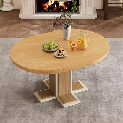 Clihome Extendable Dining Table with a 16-inch Middle Leaf, 42''-58'' Oval Dining Table for 6, Retro Solid Wood Round Dining Table with Double Layer