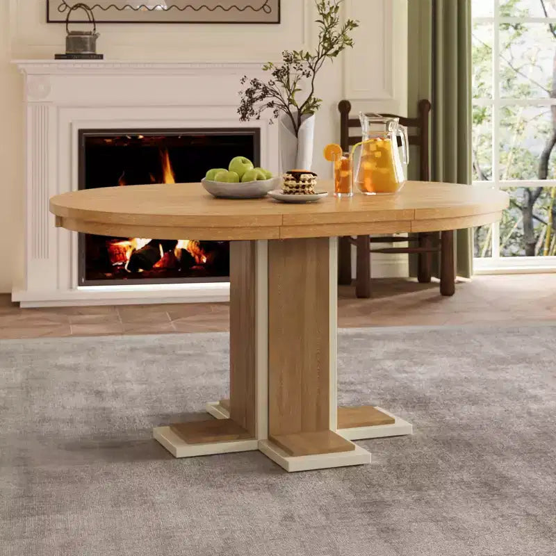 Clihome Extendable Dining Table with a 16-inch Middle Leaf, 42''-58'' Oval Dining Table for 6, Retro Solid Wood Round Dining Table with Double Layer