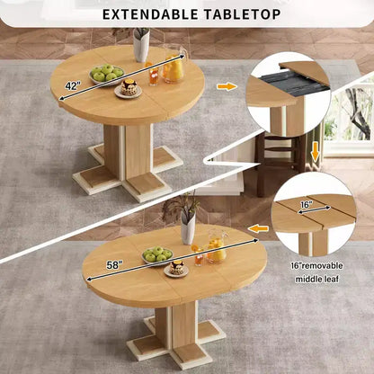 Clihome Extendable Dining Table with a 16-inch Middle Leaf, 42''-58'' Oval Dining Table for 6, Retro Solid Wood Round Dining Table with Double Layer